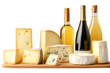 A variety of cheeses and wine bottles arranged on a wooden board isolated on white background, showcasing gourmet food and drink.