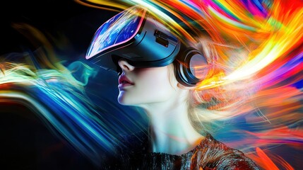 Woman in VR Headset with Colorful Lights