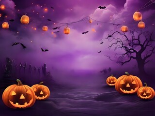 A fun Halloween backdrop with purple mist clouds and pumpkins in the background