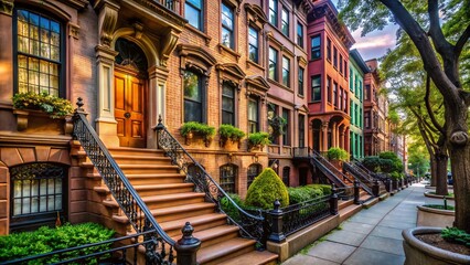 Elegant Brownstone Architecture in Urban Setting Showcasing Classic Design and Historical Charm