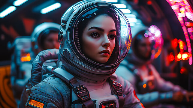 Femme robot portant une combinaison d'astronaute avec casque, dans un vaisseau spatial