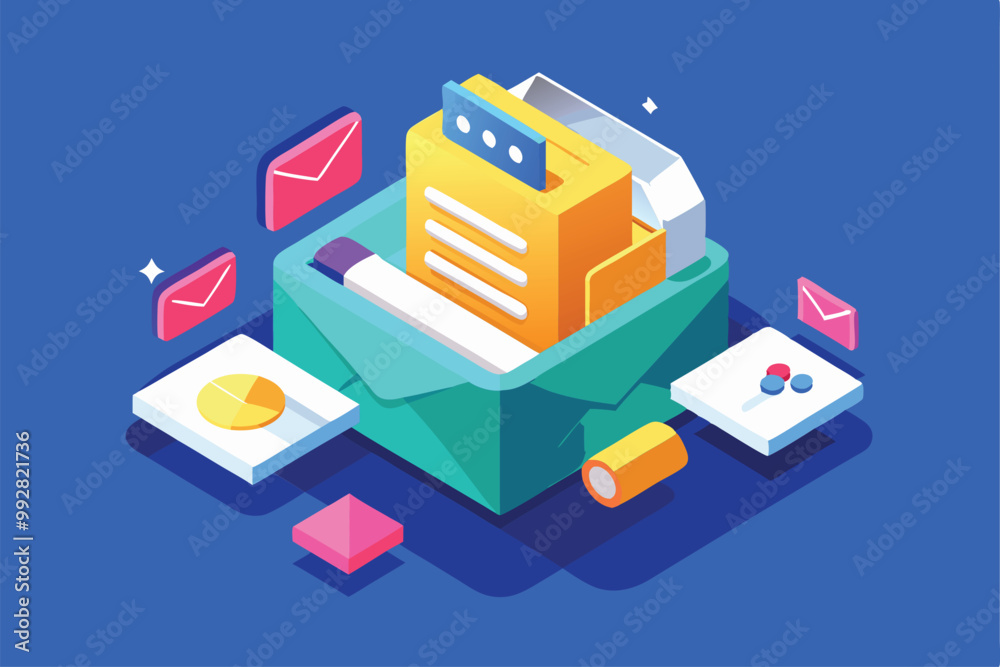 Poster an isometric illustration depicts a colorful inbox filled with tasks and various mail icons for orga