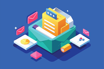 Fototapeta premium An isometric illustration depicts a colorful inbox filled with tasks and various mail icons for organization, Customizable Isometric Illustration for Inbox Cleanup