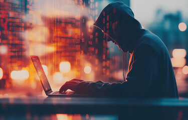 Cyber hacker attack concept. Abstract digital hacker man with a laptop. Male criminal, hoodie and ready for coding, cyber-attack and programming for malware with tech, scam and data
