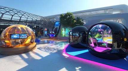 Obraz premium Architectural plan for a virtual reality arcade, including immersive gaming pods and interactive digital landscapes
