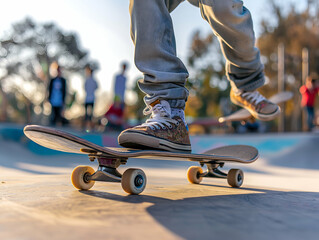 A close-up of a skateboarder performing a trick at a skate park. The focus is on the skateboard and the skater's feet, showcasing colorful sneakers and the skateboard's wheels.