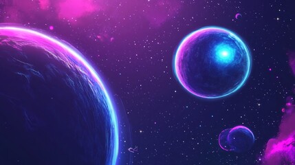 A colorful galaxy background with planets and stars