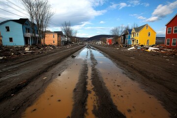 Obraz premium Desolate Street After Disaster with Colorful Houses