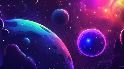 A colorful galaxy background with planets and stars