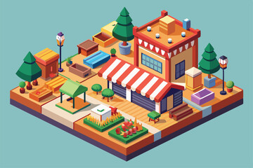 A lively, customizable marketplace design featuring various stalls, greenery, and pathways for vendors and visitors, Customizable isometric illustration for marketplace.
