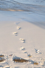 Man footprints left on soft white sand of a beach in Indonesia