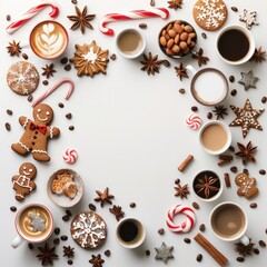 Fototapeta premium Festive coffee and treats arrangement in warm colors with copy space