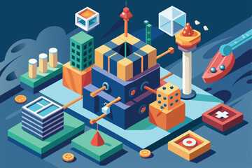 Fototapeta premium A colorful isometric illustration showcases a lively city with various geometric structures and interactive elements, Customizable Isometric Illustration for Missed Chances