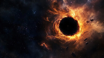 Massive black hole at the center of a swirling galaxy, pulling stars and cosmic debris into gravitational abyss, with distant galaxies and nebulae in the deep space background, symbolizing destruction