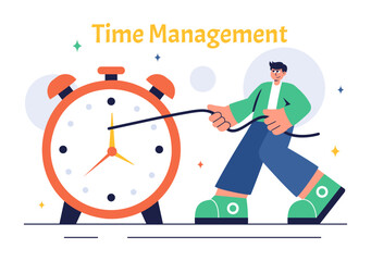 Vector Illustration of Time Management with Clock Settings, Task Planning, Training Activities, and Scheduling in a Flat Cartoon Style Background