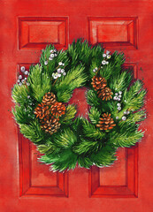 Christmas wreath decorated with cone and white berries on a red door