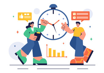 Vector Illustration of Time Management with Clock Settings, Task Planning, Training Activities, and Scheduling in a Flat Cartoon Style Background