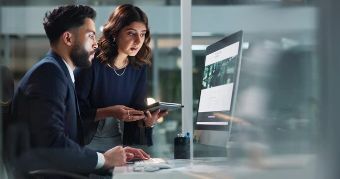 Tech, night or people in office for business, feedback and planning website design in company. Woman developer, manager man or brainstorming on tablet for webpage format, idea or project management