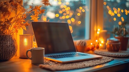 Cozy Autumn Home Office Vibes: Laptop on Wood Desk with Soft Lighting and Coffee Mug in Warm Tones