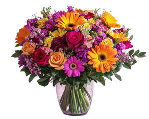 bright bouquet in a clear vase, isolated on a white background, featuring yellow gerberas and red roses, perfect for Mother’s Day, weddings, or birthdays, symbolizing love, joy, and celebration 