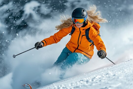 Woman in a red and orange jacket is skiing down a snowy slope. She is wearing goggles and a helmet. Skier woman colorful jacket ski helmet and goggle snowboarding down a snowy mountain
