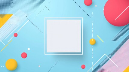 Abstract background with colorful stripes and shapes on a blue background, a square frame for text, and colorful elements. Vector illustration