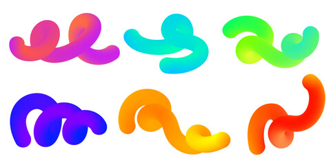 3D abstract liquid shapes with fluid gradient on white background. Colored vector graphic swirl elements set. Spiral curved creative bright objects for trendy poster and banner design.