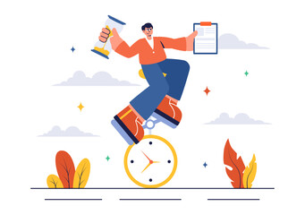 Fototapeta premium Vector Illustration of Time Management with Clock Settings, Task Planning, Training Activities, and Scheduling in a Flat Cartoon Style Background