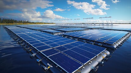 Architectural plan of a floating solar farm, detailing anchoring systems and connectivity to the mainland power grid