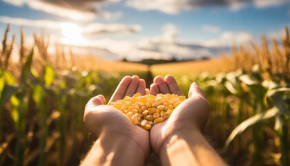 both hands holding corn grains, point of view, blurred corn field background