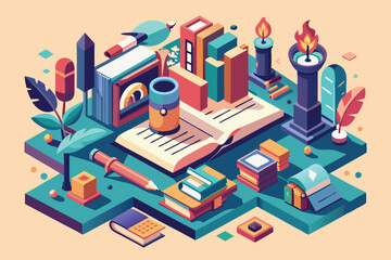 This vibrant isometric illustration features books, writing tools, and plantsideal for poetry lovers, Customizable isometric illustration for poetry.