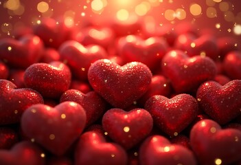 Obraz premium Pile of 3d hearts with bokeh light and glitter on glow red background and wallpaper, valentine day concept