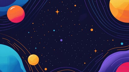 Abstract background with flat vector shapes and colorful elements for design, space concept background with planets, stars, and line waves in blue, orange, and purple colors. Vector illustration. 