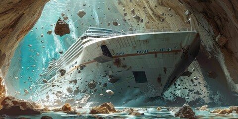 The bow of a cruise ship crashing through an underwater cavern, with rocks and debris scattering.