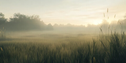 Fototapeta premium Foggy morning at sunrise in grassfields in autumn