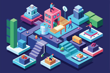 The artwork features people engaged in various activities within a colorful urban landscape, focused on project tasks, Customizable Isometric Illustration for Project Stages
