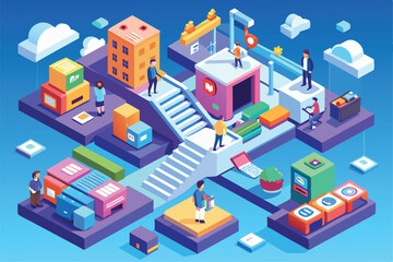 This illustration features various people engaging in activities across a vibrant, isometric urban landscape, Customizable Isometric Illustration for Project Stages