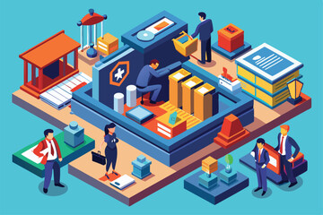 This illustration features a customizable workspace for prosecutors, highlighting legal documents and activities, Customizable isometric illustration for prosecutors.