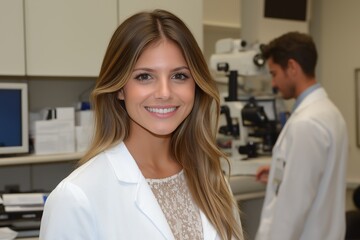 Fototapeta premium Woman wearing a white coat and a stethoscope. She is smiling. There is a man in the background