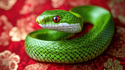Fototapeta premium Green snake elegantly coiled against a festive red and gold backdrop