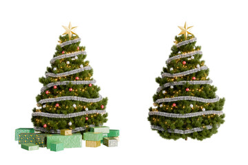 Decorated christmas trees with gifts and tinsel