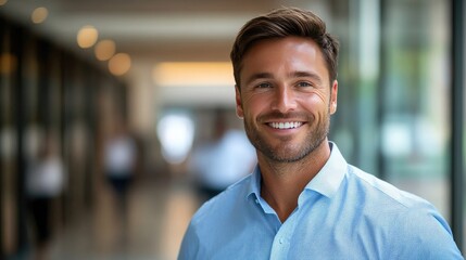 Fototapeta premium Handsome smiling business man in a blue shirt