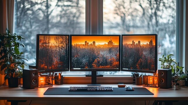 A Cozy Home Office With Triple Monitors Displaying Sunset Cityscapes - Powered by Adobe