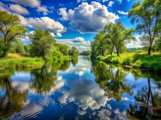 Obraz premium Tranquil river meanders lazily, its calm waters reflecting towering trees and soft, white clouds drifting by.