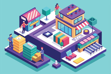 This illustration depicts various retail activities, including shopkeepers managing stock and customers browsing, Customizable isometric illustration for retail markdown.