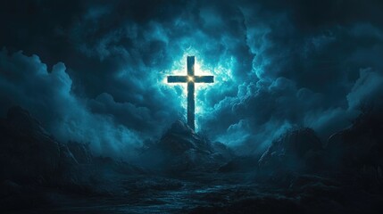 Naklejka premium Holy cross symbolizing the themes of death and resurrection with a lighted sky