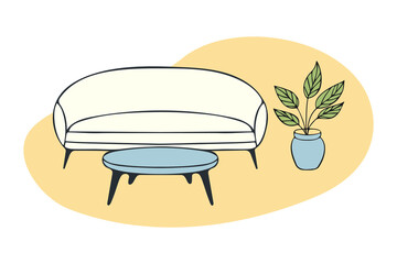 Interior minimalist style cozy white sofa and coffee table and flowerpot, contour stylized drawing on yellow shape..