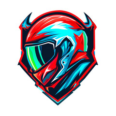 A helmet with a devil on top and a star on the bottom. The helmet is red and blue