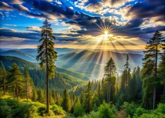 Sunbeams dance across the forest floor as trees stood tall like sentinels guarding the entrance to a majestic valley nestled beneath cerulean heavens.