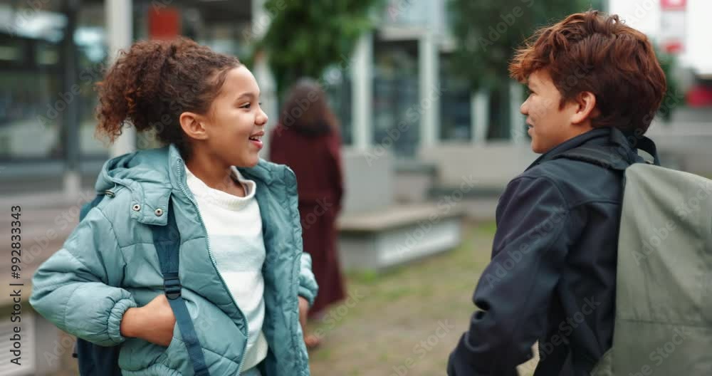 Poster Outdoor, children and high five in school for education, greeting or walking to classroom for learning. Campus, students or kids with hand gesture for hello, excited or ready for academic development